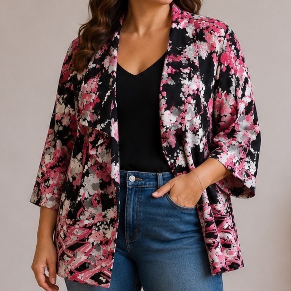 Ivy Chic New York Women's XL Floral Kimono Jacket Pink Black Draped Artsy Y2K